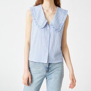 KOTON Light Blue Gingham Ruffle-Collar Sleeveless Top XS/S